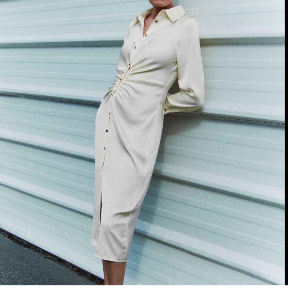 Zara Nwot Cream Ruched-Front Shirt Dress size small
